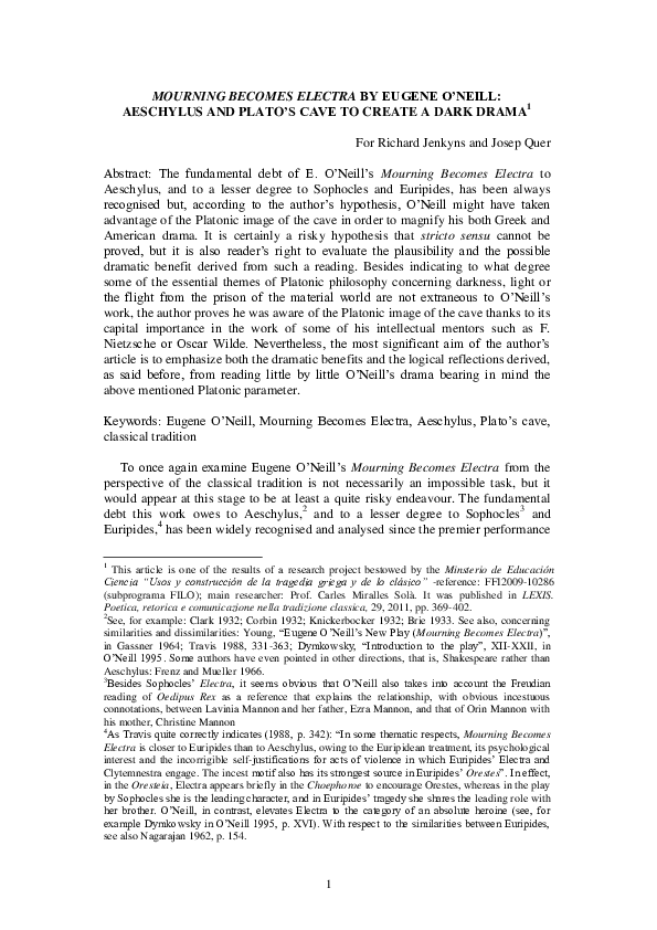 Pdf Mourning Becomes Electra By Eugene O Neill Aeschylus And Plato S Cave To Create A Dark Drama Pau Gilabert Academia Edu