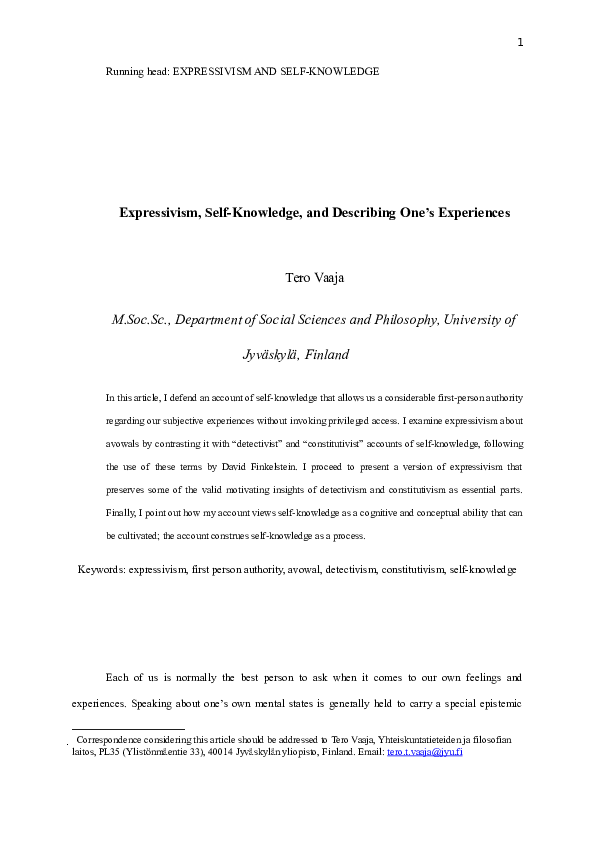 (DOC) Expressivism, Self-Knowledge, and Describing One's Experiences