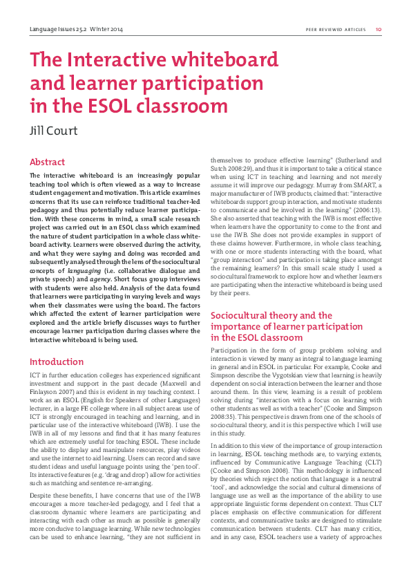 (PDF) The Interactive whiteboard and learner participation in the ESOL ...