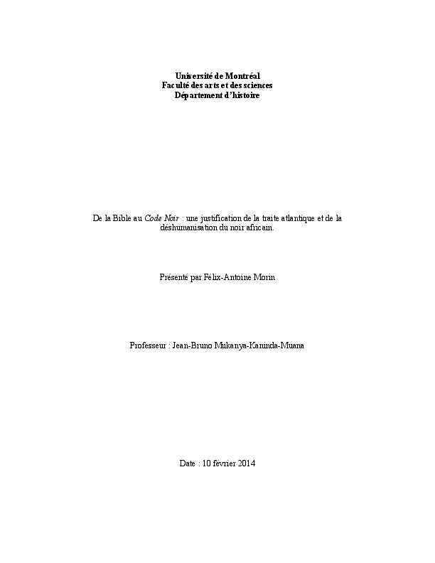 (PDF) De la Bible au Code Noir : une justification de la traite ...