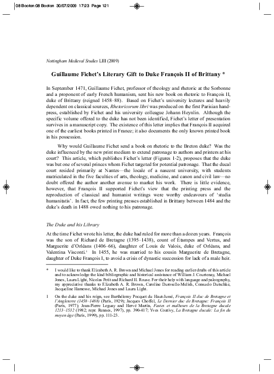 Guillaume Fichet's Literary Gift to Duke François II of Brittany
