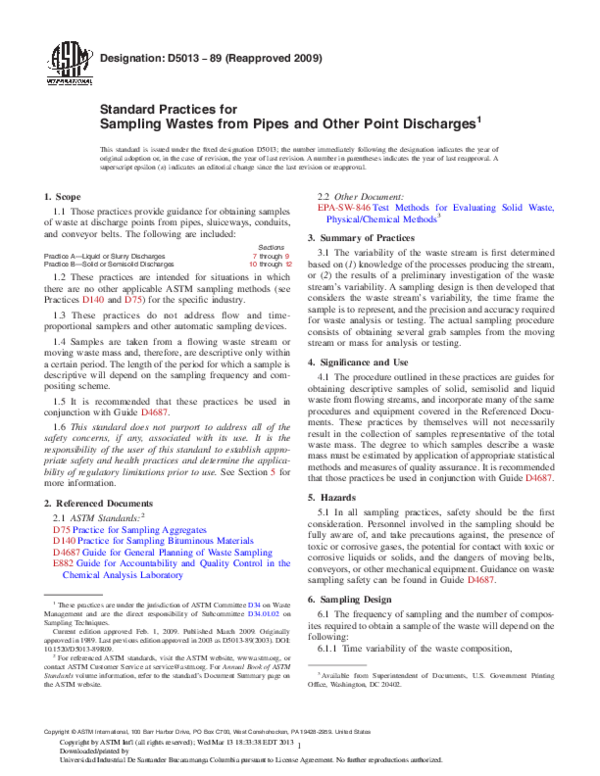 (PDF) Standard Practices for Sampling Wastes from Pipes and Other Point ...