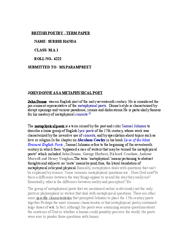 (DOC) john donne as a metaphysical poet Surbhi Handa Academia.edu