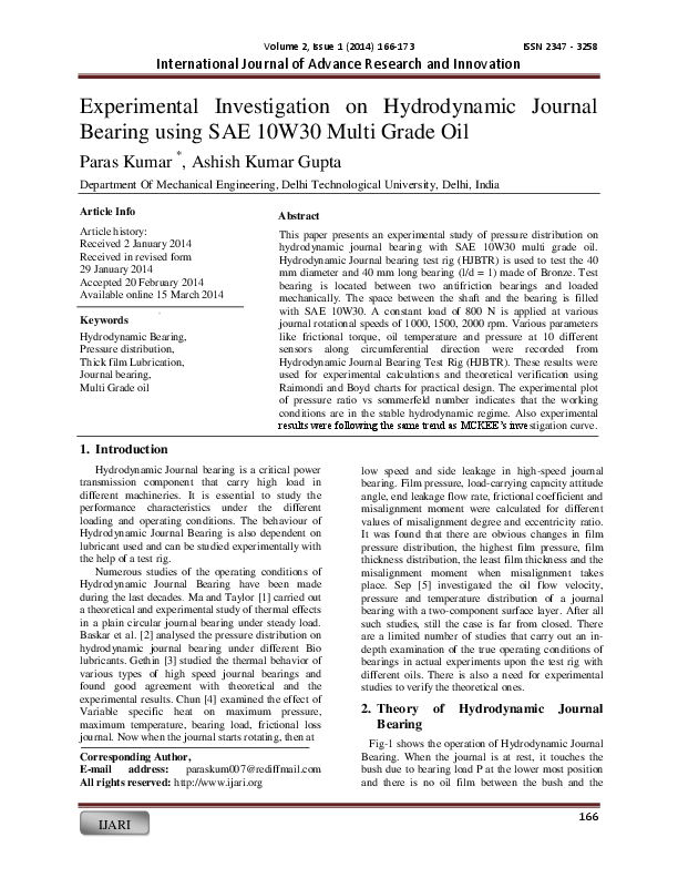 (PDF) Experimental Investigation on Hydrodynamic Journal Bearing using SAE 10W30 Multi Grade Oil
