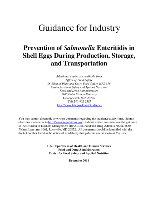 (PDF) Guidance for Industry Prevention of Salmonella Enteritidis in ...