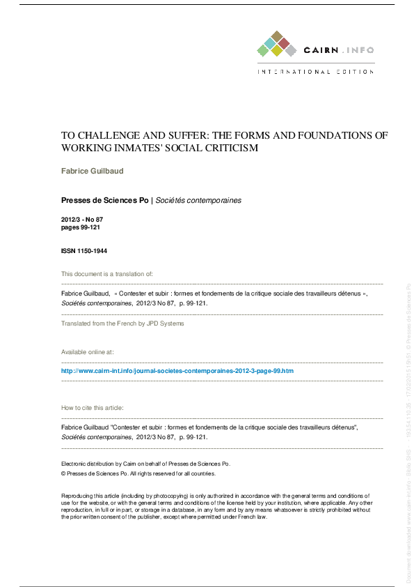 Pdf To Challenge And Suffer The Forms And Foundations Of Working Inmates Social Criticism Fabrice Guilbaud Academia Edu