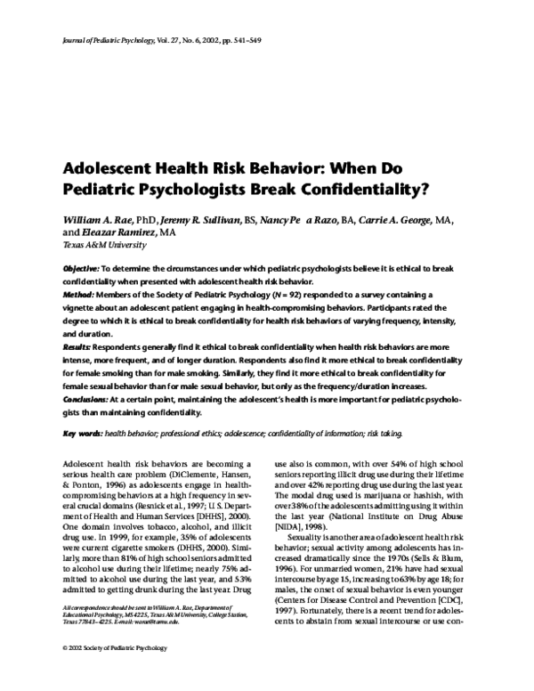 (PDF) Adolescent Health Risk Behavior When Do Pediatric Psychologists Break Confidentiality