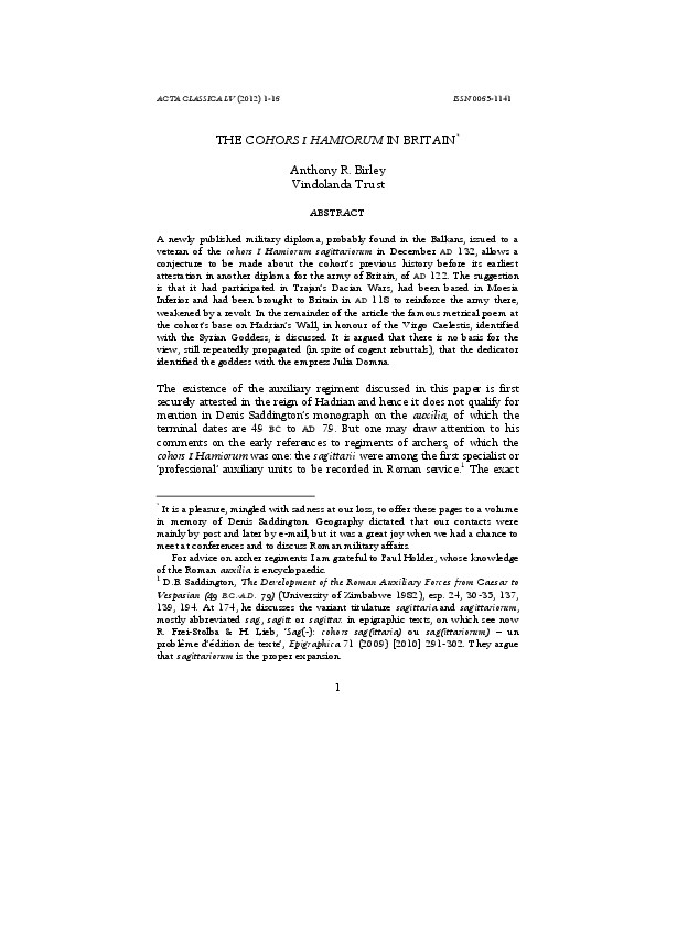 (PDF) The cohors I Hamiorum in Britain