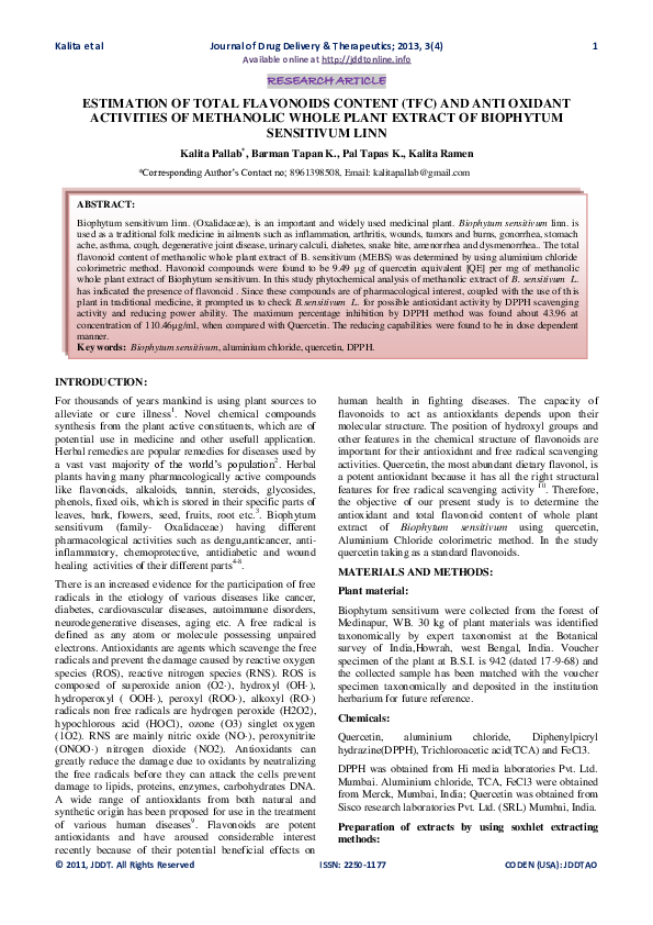 (PDF) ESTIMATION OF TOTAL FLAVONOIDS CONTENT (TFC) AND ANTI OXIDANT