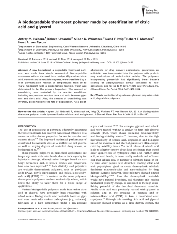 (PDF) A biodegradable thermoset polymer made by esterification of