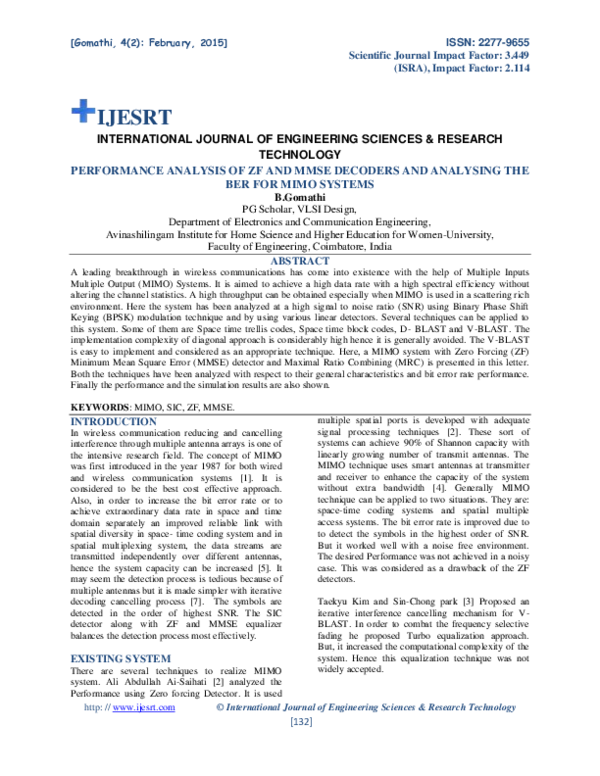 (PDF) PERFORMANCE ANALYSIS OF ZF AND MMSE DECODERS AND ANALYSING THE ...