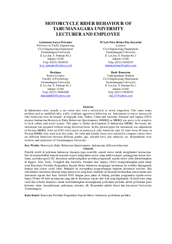 (PDF) MOTORCYCLE RIDER BEHAVIOUR OF TARUMANAGARA UNIVERSITY LECTURER ...