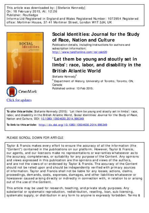 ‘Let them be young and stoutly set in limbs’: race, labor, and disability in the British Atlantic world," Social Identities: Journal for the Study of Race, Nation and Culture (2015) 