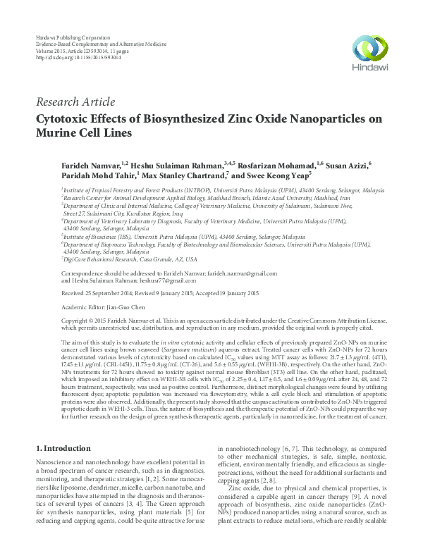 (PDF) Cytotoxic Effects of Biosynthesized Zinc Oxide Nanoparticles on ...