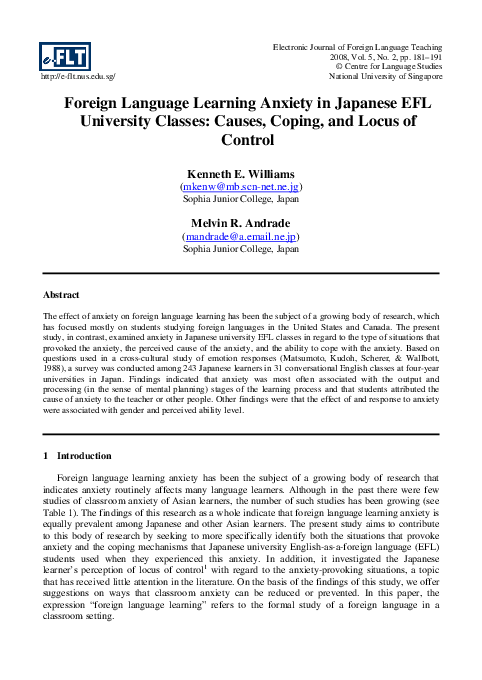 (PDF) Foreign Language Learning Anxiety in Japanese EFL University ...