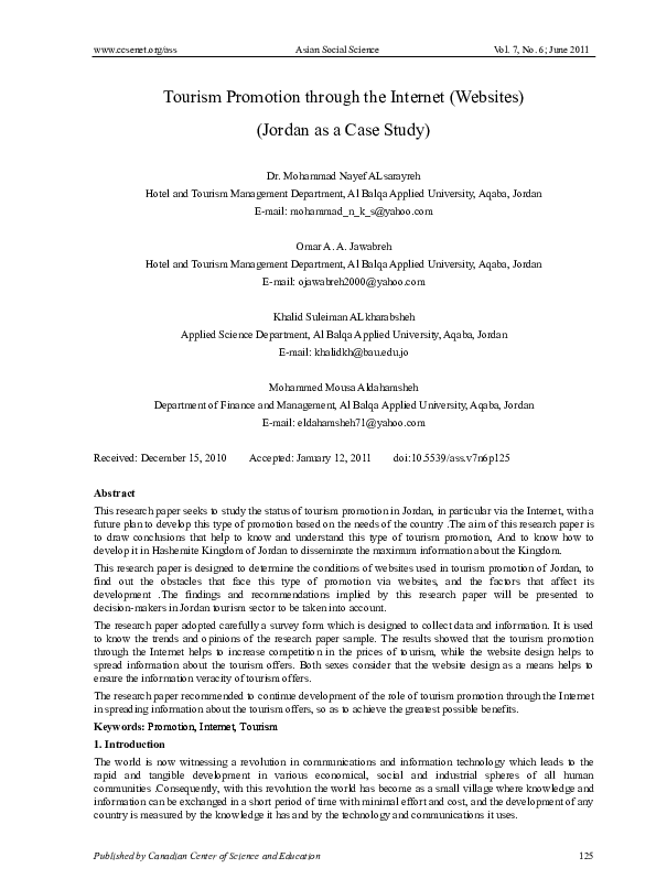 (PDF) Tourism Promotion through the (sites) (Jordan as a Case Study) Omar Jawabreh