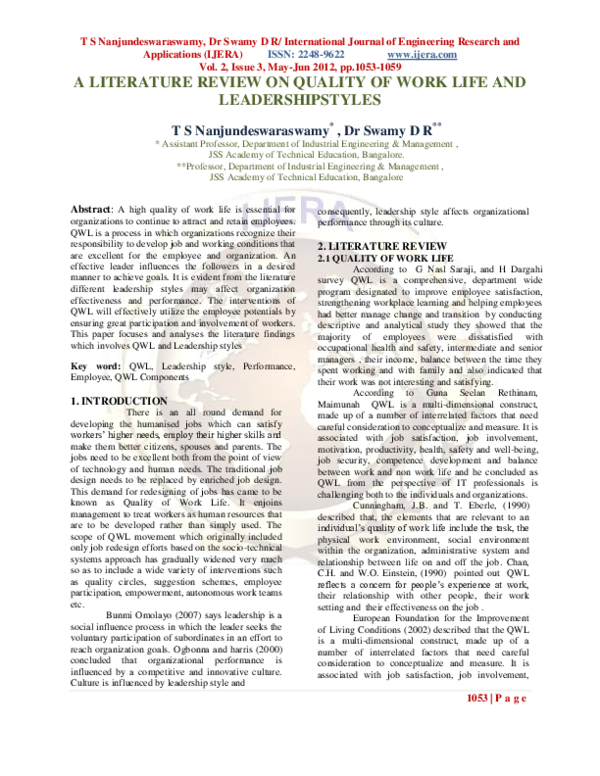 (PDF) A LITERATURE REVIEW ON QUALITY OF WORK LIFE AND LEADERSHIPSTYLES