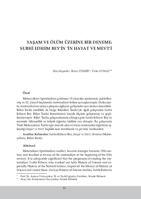 (PDF) YAŞAM VE ÖLÜM ÜZERİNE BİR DENEME: SUBHİ EDHEM BEY’İN ’İN HAYAT VE ...