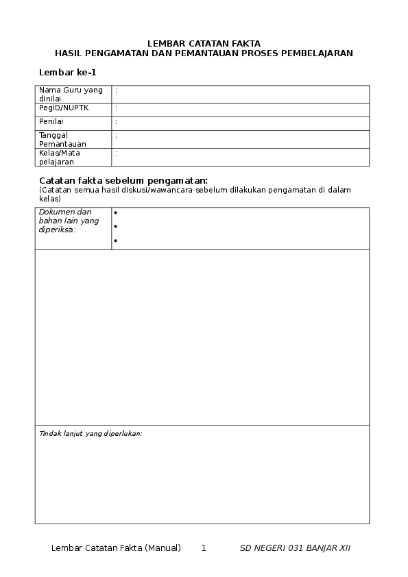 Contoh Lembar Catatan Fakta Hasil Pengamatan Dan
