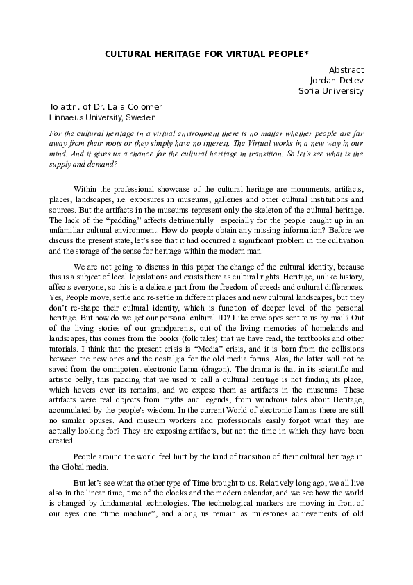 (DOC) Cultural heritage for virtual people