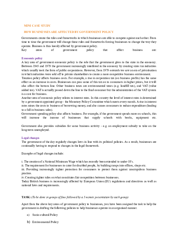 (DOC) MINI CASE STUDY HOW BUSINESSES ARE AFFECTED BY GOVERNMENT POLICY ...