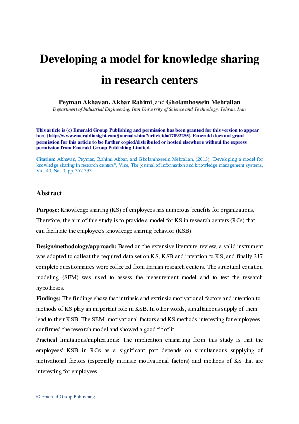 (PDF) Developing a model for knowledge sharing in research centers