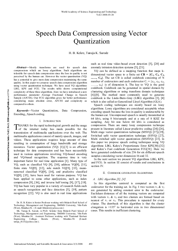 (PDF) Speech Data Compression using Vector Quantization