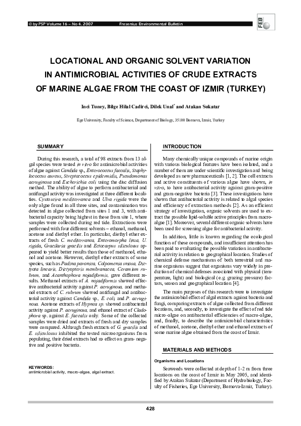 First page of “LOCATIONAL AND ORGANIC SOLVENT VARIATION IN ANTIMICROBIAL ACTIVITIES OF CRUDE EXTRACTS OF MARINE ALGAE FROM THE COAST OF IZMIR (TURKEY)”