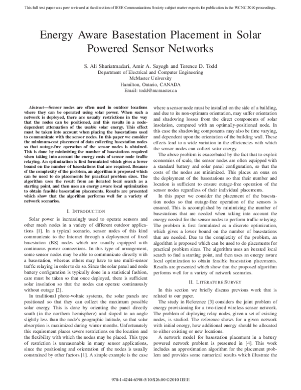 (PDF) Energy Aware Basestation Placement in Solar Powered Sensor Networks