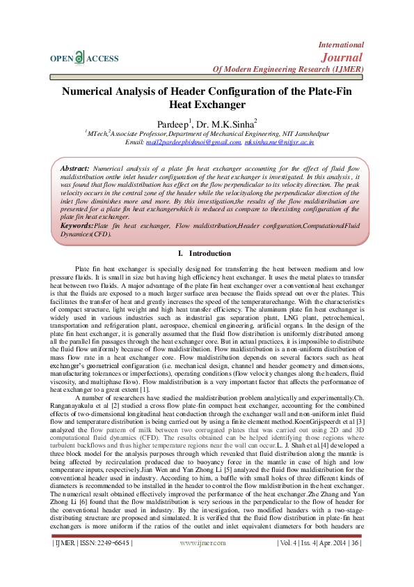 (PDF) Numerical Analysis of Header Configuration of the Plate-Fin Heat ...