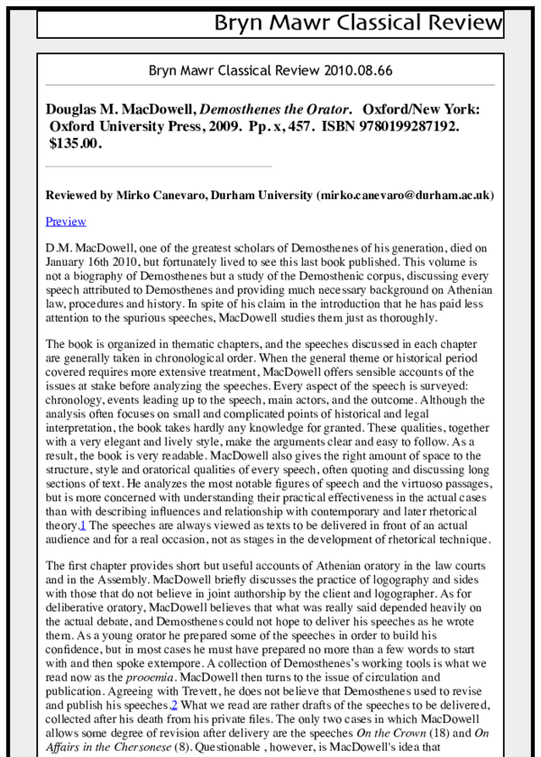 PDF) Review of: Douglas M. MacDowell, Demosthenes the Orator