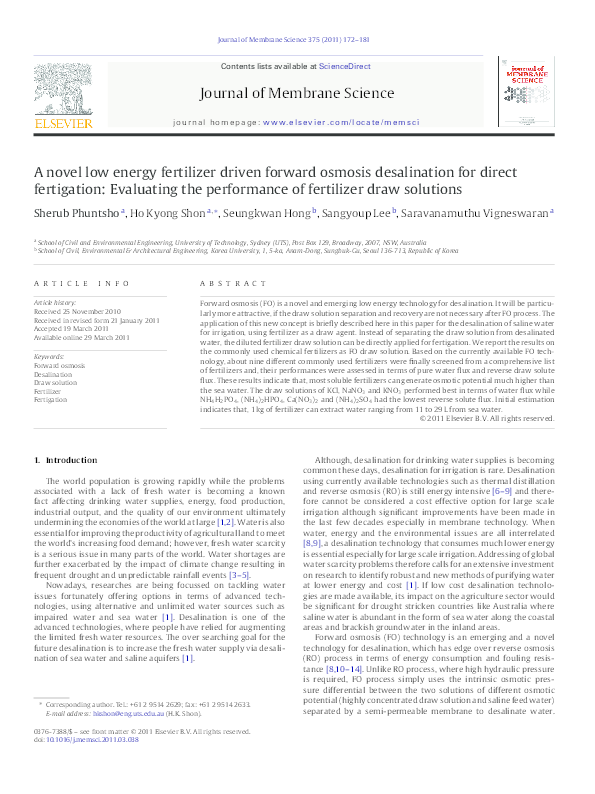 (PDF) A novel low energy fertilizer driven forward osmosis desalination