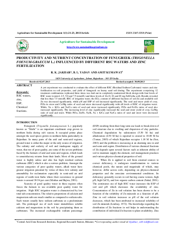  PDF PRODUCTIVITY AND NUTRIENT CONCENTRATION OF FENUGREEK TRIGONELLA 