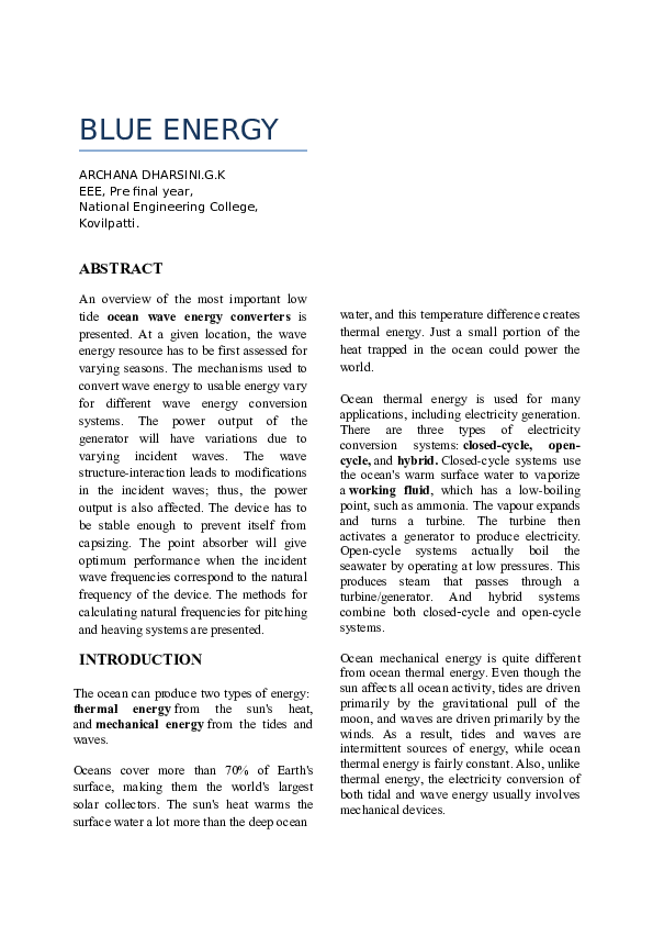 (DOC) BLUE ENERGY The low tide wave energy converter