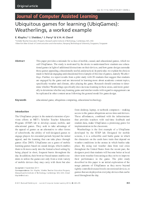 (PDF) Ubiquitous games for learning (UbiqGames): Weatherlings, a worked ...