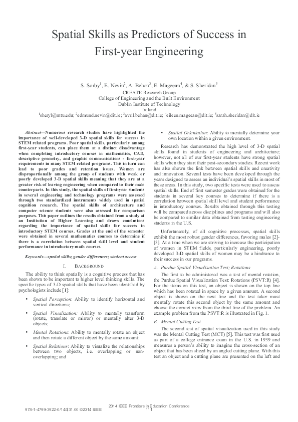(PDF) Spatial Skills as Predictors of Success in First-year Engineering