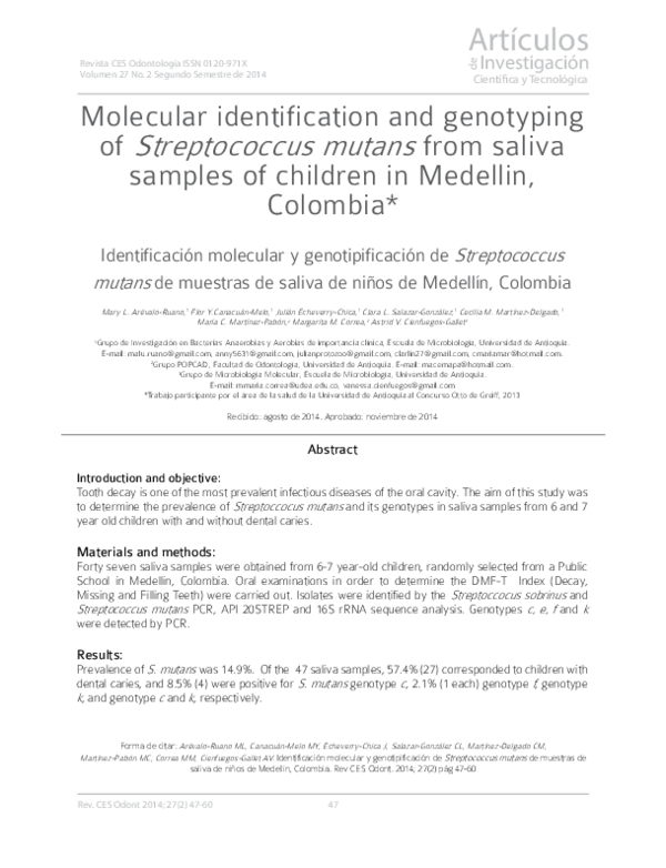 (PDF) Molecular identification and genotyping of Streptococcus mutans ...