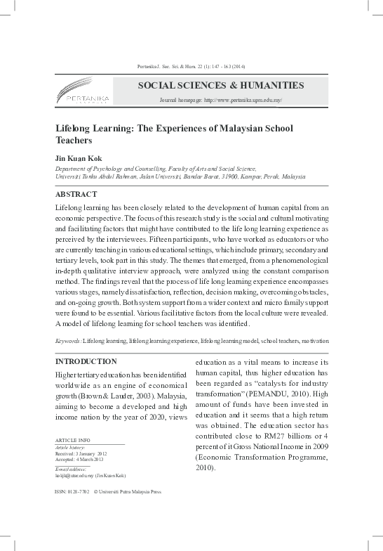 Pdf Lifelong Learning The Experiences Of Malaysian School Teachers