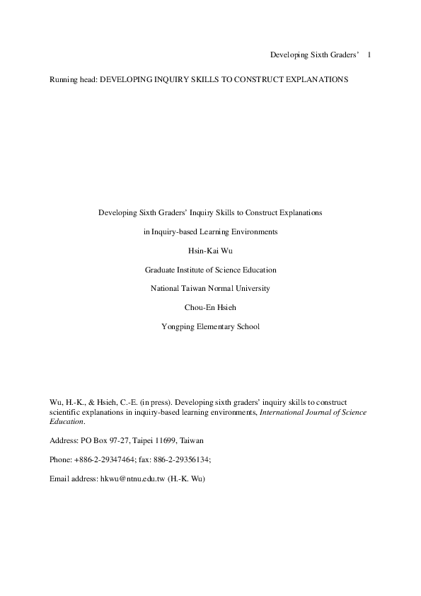 (PDF) Running head DEVELOPING INQUIRY SKILLS TO CONSTRUCT EXPLANATIONS