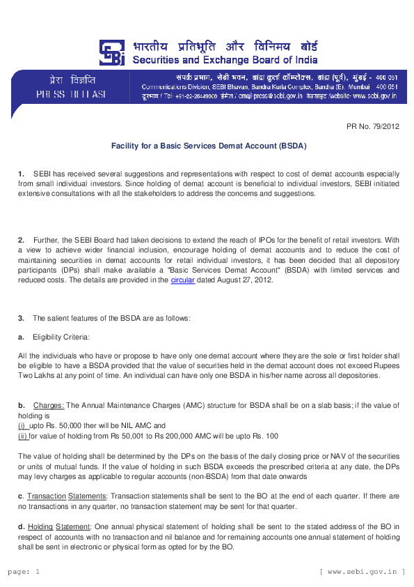 Facility for a Basic Services Demat Account (BSDA