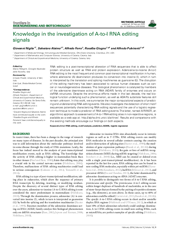 (PDF) Knowledge in the Investigation of A-to-I RNA editing signals