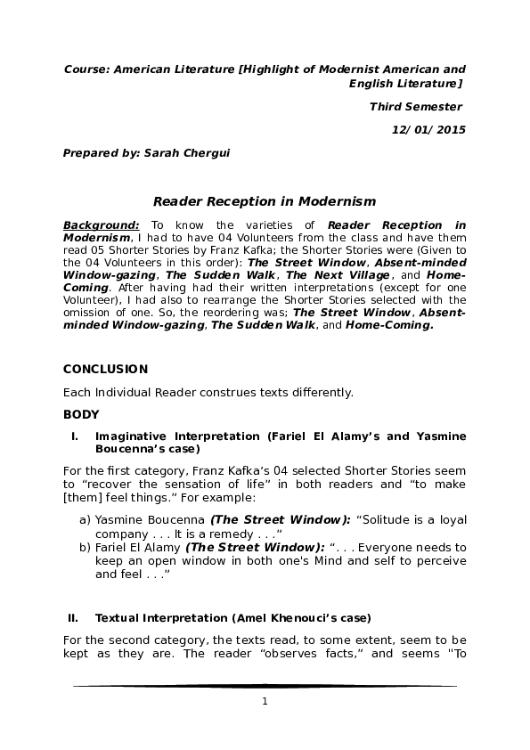 (DOC) Reader Reception in Modernism (Outline)