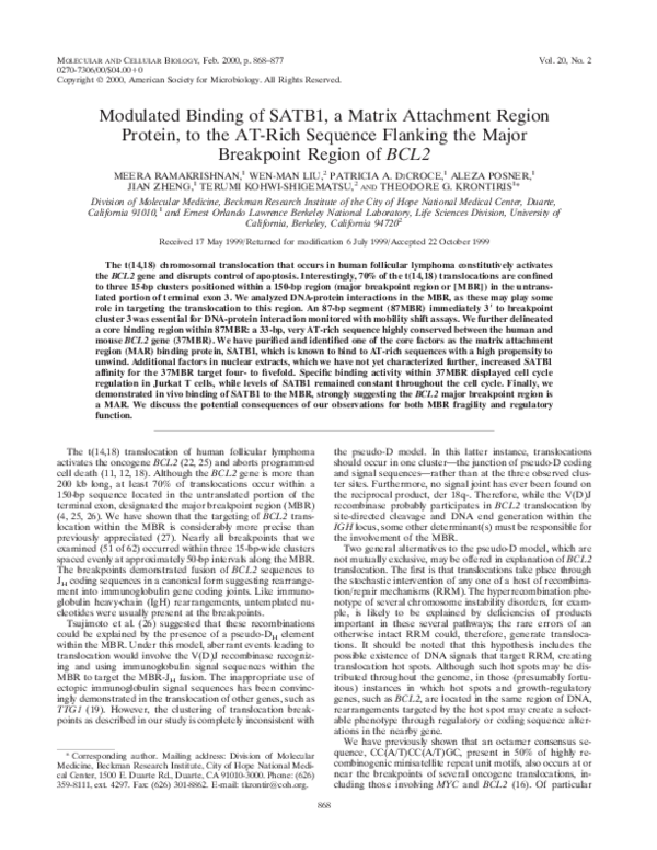(PDF) Modulated Binding of SATB1, a Matrix Attachment Region Protein ...