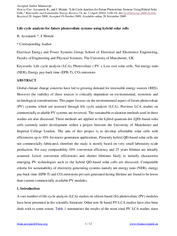 (PDF) Life cycle analysis for future photovoltaic systems using hybrid ...