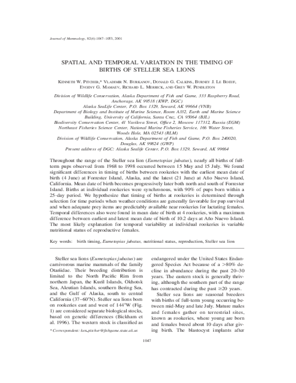 (PDF) SPATIAL AND TEMPORAL VARIATION IN THE TIMING OF BIRTHS OF STELLER ...