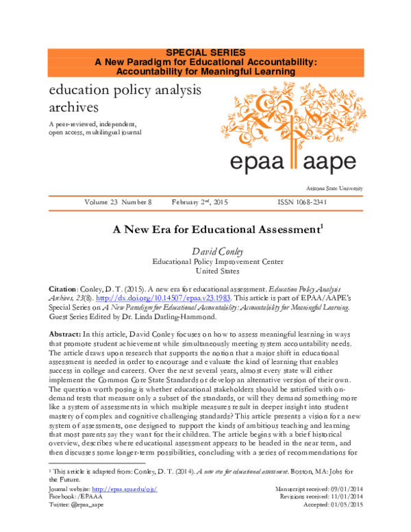 (PDF) Conley, D. (2015). A New Era for Educational Assessment. Education Policy Analysis