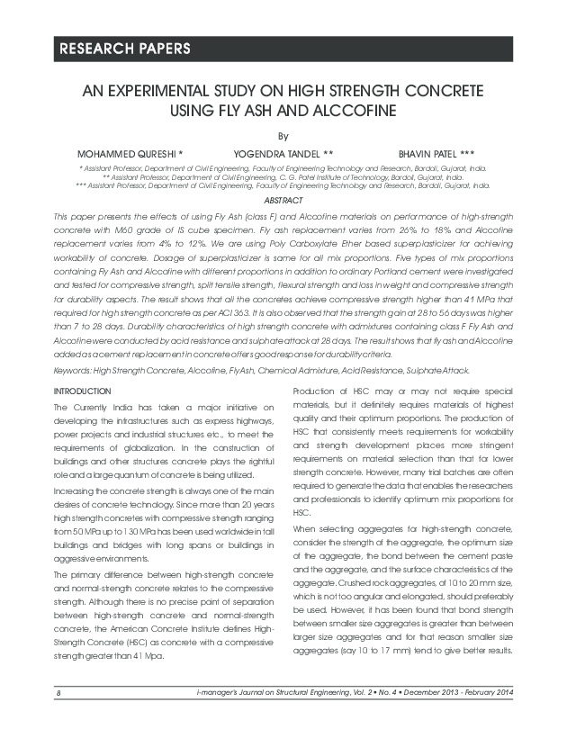 (PDF) AN EXPERIMENTAL STUDY ON HIGH STRENGTH CONCRETE USING FLY ASH AND ...