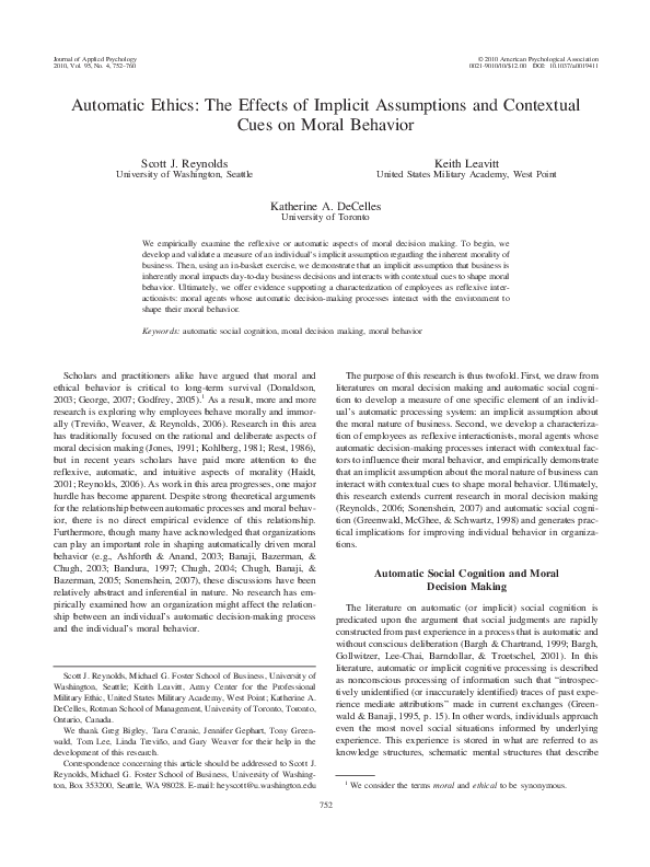 (PDF) Automatic Ethics: The Effects of Implicit Assumptions and ...