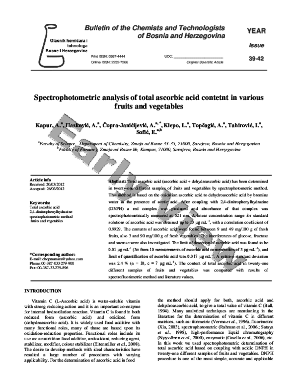 (PDF) Spectrophotometric analysis of total ascorbic acid contetnt in various fruits and