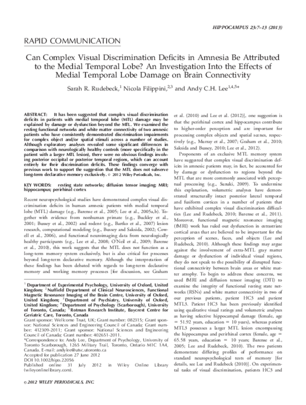 (PDF) Can Complex Visual Discrimination Deficits in Amnesia Be ...